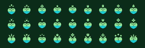 Pflanze Blumen Liebhaber Herz Sammlung botanisch modern bunt Symbol einstellen Logo Design Vektor Illustration