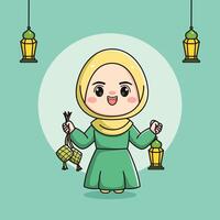 süß Muslim Mädchen Charakter halten Laterne und Ketupat vektor