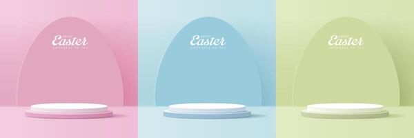 glücklich Ostern Pink Blau und Gelb Hintergrund und Podium Anzeige zum Produkt Präsentation branding und Verpackung Präsentation. Studio Bühne mit Eier und Hase Hintergrund. Vektor Design.