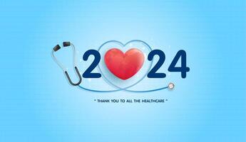 2024 hälsa vård med stetoskop, värld och hjärtslag. Lycklig ny år för hälsa vård, försäkring, wellness och medicinsk begrepp. vektor design.