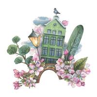 en söt, grön hus med träd, en bro, en lykta, en duva, moln och äpple blommar. vattenfärg illustration. vår sammansättning från de samling av europeisk hus. för de design. vektor