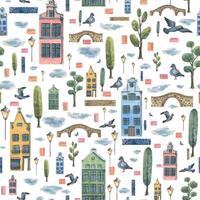 vattenfärg illustration av en sömlös mönster av söt gammal stad hus. europeisk flerfärgad hus, broar, tecknad serie träd, gata lampa, duvor, moln. för tyg, skriva ut, Kläder, tapet vektor