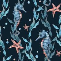 under vattnet värld ClipArt med hav djur sjöhäst, sjöstjärna, bubblor och alger. hand dragen vattenfärg illustration. sömlös mönster på en mörk bakgrund vektor