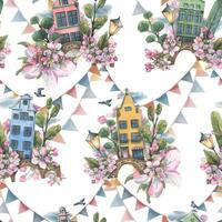 en söt hus med träd, en bro, en lykta, en duva, moln och äpple blommar. vattenfärg illustration. vår sömlös mönster från de samling av europeisk hus. för de tyg, tapet. vektor
