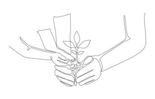 kontinuerlig ett linje teckning av vuxen händer och barn händer innehav ung växt för plantering, lantbruk ekologi, odla natur bevarande begrepp, enda linje konst vektor