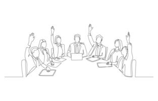 kontinuierlich einer Linie Zeichnung von Angestellte erziehen ihr Hände zu Stimmen beim treffen, Geschäft Diskussion, Wählen im Büro Konzept, Single Linie Kunst. vektor