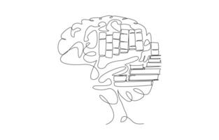 kontinuerlig ett linje teckning av hjärna med pålar av böcker inuti, ackumulation av kunskap eller intellektuell utveckling begrepp, enda linje konst. vektor