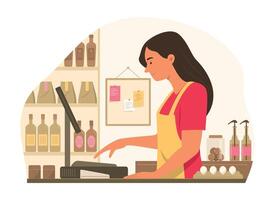 Ladenbesitzer Frau Arbeiten beim Kassierer Zähler von Lebensmittelgeschäft Geschäft vektor