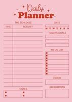 Vektor Täglich Planer Vorlage mit Zeitplan, zu tun Liste, Notizbuch Buchseite, Rosa Hintergrund