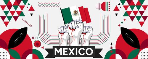 Mexiko National oder Unabhängigkeit Tag Banner zum Land Feier. Flagge von Mexiko mit angehoben Fäuste. modern retro Design mit Typorgaphie abstrakt geometrisch Symbole. Vektor Illustration.