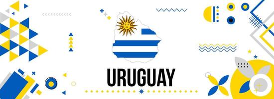 Uruguay National oder Unabhängigkeit Tag Banner zum Land Feier. Flagge und Karte von Uruguay mit modern retro Design mit Typorgaphie abstrakt geometrisch Symbole. Vektor Illustration.