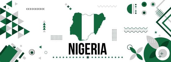 Nigeria National oder Unabhängigkeit Tag Banner zum Land Feier. Flagge und Karte von Nigeria mit modern retro Design mit Typorgaphie abstrakt geometrisch Symbole. Vektor Illustration.