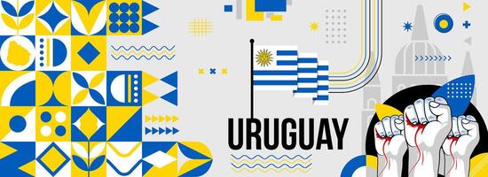 uruguay nationell eller oberoende dag baner för Land firande. flagga och Karta av uruguay med Uppfostrad nävar. modern retro design med typorgaphy abstrakt geometrisk ikoner. vektor illustration