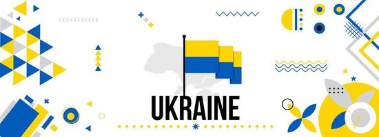 Ukraine National oder Unabhängigkeit Tag Banner zum Land Feier. Flagge und Karte von Ukraine mit angehoben Fäuste. modern retro Design mit Typorgaphie abstrakt geometrisch Symbole. Vektor Illustration.