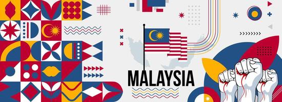 Malaysia National oder Unabhängigkeit Tag Banner zum Land Feier. Flagge und Karte von Malaysia mit angehoben Fäuste. modern retro Design mit Typorgaphie abstrakt geometrisch Symbole. Vektor Illustration