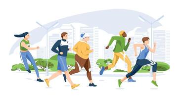 Frühling oder Sommer- Stadt Läufer. Stadt Marathon- und Laufen Wettbewerb. Fitness und Gesundheit. Vielfalt von Menschen Figuren. Vektor eben Illustration