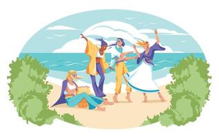 Menschen feiern und tanzen auf das Strand. ein Party im das Atmosphäre von Sommer. tropisch Ozean Ufer. Urlaub Stimmung. Vektor eben Illustration