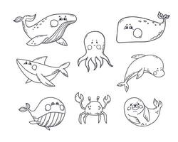 hav vatten- djur uppsättning i klotter stil. under vattnet däggdjur annorlunda arter valar, haj, delfin, bläckfisk, krabba. vektor illustration isolerat på vit bakgrund för barns färg bok