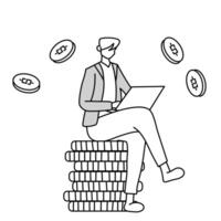 Mann Arbeiten mit Laptop Sitzung auf Stapel von Münzen, Arbeiten zu generieren hoch Einkommen, Gekritzel Karikatur Illustration vektor