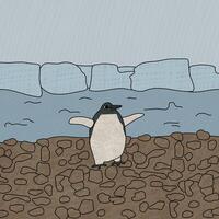 hand dragen kejsare pingvin teckning. ett djur- av antarctica nära de hav och isberg. tecknad serie linje karaktär på de strand med textur vektor