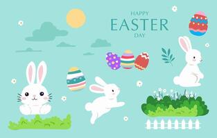 Sammlung von Ostern Objekt einstellen mit Hase und Ei im Garten editierbar Vektor Illustration zum Aufkleber Postkarte