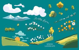 vår landskap element uppsättning med berg och träd redigerbar vektor illustration för grafisk design