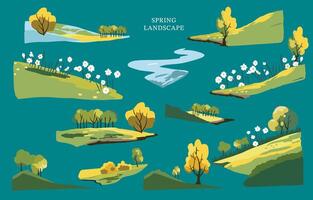 Frühling Landschaft Element einstellen mit Berg und Baum editierbar Vektor Illustration zum Grafik Design