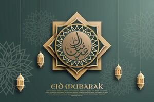 eid mubarak mall skriven i elegant arabicum kalligrafi, Utsmyckad papperssår stil arabicum ornament i guld nyanser på de grön bakgrund. vektor