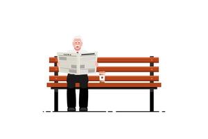 senior man läsning tidning på bänk utomhus- parkera med kaffe råna på isolerat bakgrund, vektor illustration.