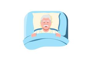 glücklich alt Mann Schlafen auf Bett, Vektor Illustration.
