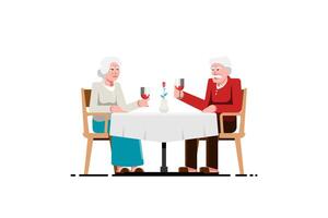 gammal man par dricka dryck på tabell, middag romantisk i rum, vektor illustration.