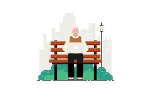 alt Mann Tippen Laptop auf Bank draussen Park mit Stadt Hintergrund, Vektor Illustration.