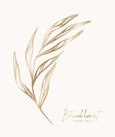 botanisch elegant golden Linie Illustration von ein Blätter Ast zum Hochzeit Einladung und Karten, Logo Design, Netz, Sozial Medien und Poster, Vorlage, Werbung, Schönheit und kosmetisch Industrie. vektor