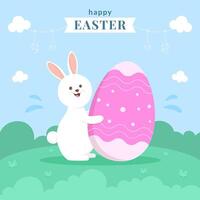 Lycklig påsk hälsning kort med söt kanin och ägg. vektor illustration