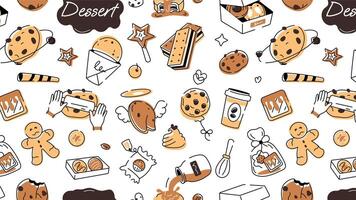 klotter stil kaka mönster skildrar olika typer av bageri mat och konfektyr objekt vektor