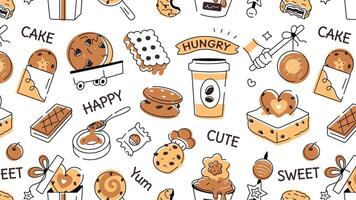 Gekritzel Stil Plätzchen Muster abbilden verschiedene Typen von Bäckerei Essen und Süßwaren Artikel vektor