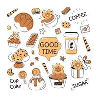 en klotter stil kaka vektor skildrar olika typer av bageri mat och konfektyr objekt