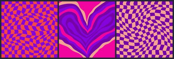 psychedelisch Herz einstellen Hintergrund. Valentinsgrüße Herz mit Schachbrett Muster. abstrakt Design Poster retro Liebe. Vektor Illustration