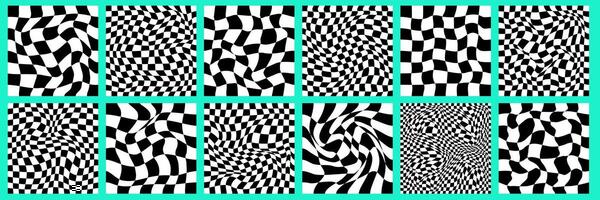 Schachbrett psychedelisch Muster einstellen schwarz und Weiß. Schachbrett Hintergrund y2k retro Netz. psychedelisch Textur Vektor Illustration.