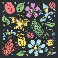 Frühling Blumen- Illustration mit Blumen, Schmetterlinge, Bienen und Marienkäfer. Gekritzel Blumen Hintergrund vektor