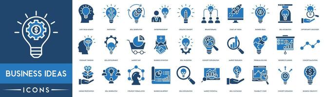 företag idéer ikon uppsättning. innovation, innovation, marknadsföra forskning, problem lösning, företag planera, företag plan, begrepp expansion och företag kreativitet linje ikon. vektor