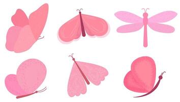 uppsättning av platt rosa fjärilar. vår fjärilar på ett isolerat bakgrund. mallar för mönster, banderoller och vykort. vektor illustration