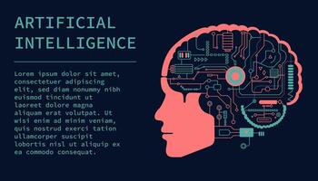 begrepp av artificiell intelligens ai och stor data. elektronisk digital hjärna, krets styrelse och mänsklig huvud översikt i platt stil på en mörk bakgrund. vektor