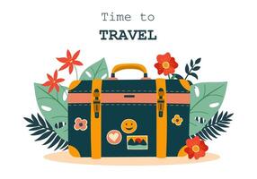 Konzept von Reise. alt Jahrgang Koffer mit Blätter und Blumen. Reise Hintergrund. Vektor Illustration im eben Stil.