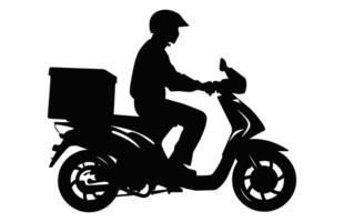 Kurier Mann Tragen Paket auf Motorrad Silhouette, Lieferung Männer tragen ein Box schwarz Vektor