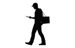 Lieferung Mann Tragen Box Silhouette isoliert auf ein Weiß Hintergrund, Kurier Bedienung tragen ein Paket schwarz Vektor