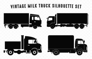 Milch LKW Vektor schwarz Silhouette Satz, Jahrgang Milch Tanker LKW Silhouetten bündeln