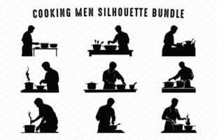 matlagning man silhuett vektor bunt, matlagning män silhuetter uppsättning, man framställning mat i kök svart ClipArt