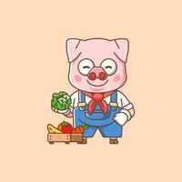 söt gris jordbrukare skörda frukt och grönsaker tecknad serie djur- karaktär maskot ikon platt stil illustration begrepp vektor