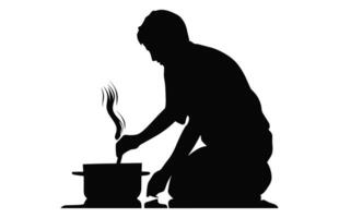 Mann Kochen Silhouette Vektor isoliert auf ein Weiß Hintergrund, Männer vorbereiten Essen im Küche schwarz Clip Art